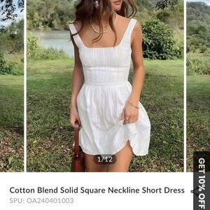 Cotton Blend Solid Sqaure Neckline Short Dress, Cummense,  Size S, White